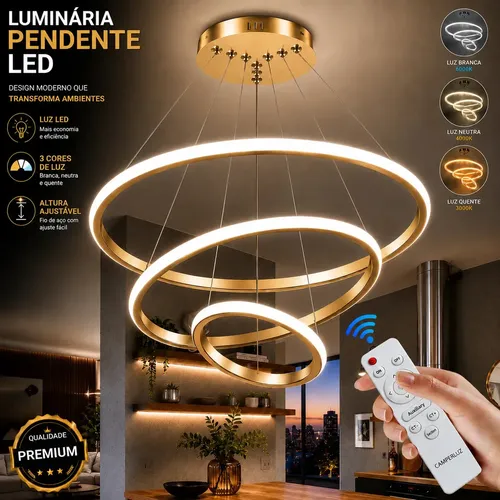 Lustre Led Sala Moderno 72w 3 Arcos Pendente Luminária Teto Lustre Sala De Jantar Com Controle Luxo Moderno Cozinha Luminaria De Teto Para Sala Marca Camperluz 127/220v Dourado