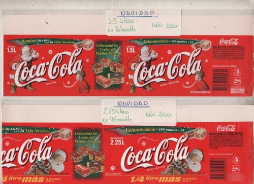 2 Etiquetas Coca Cola * Promo Velas Navideñas - Año 2000 (Usado)