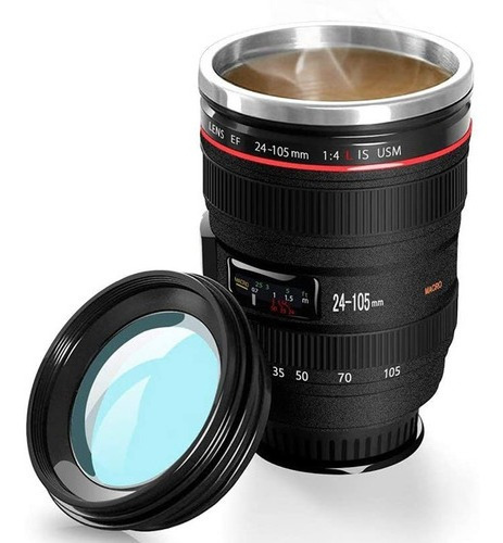 Termo Taza EN Forma De Lente De Camara 24-105 Color Negro con tapa Azul " SIMULA UNA LENTE DE CAMARA EXPUESTA "