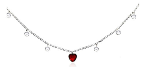 Colar Choker Coração Vermelho 40cm Em Prata 925 Cor Cinza