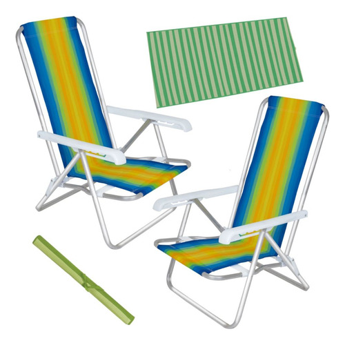 Kit 2 Cadeiras De Praia Alumínio + Esteira De Praia Verde