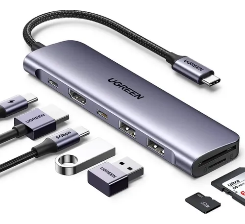 Hub Tipo-c Ugreen Para 2* Usb 3.0 + Hdmi + Usb-c + Sd/tf +pd Prateado
