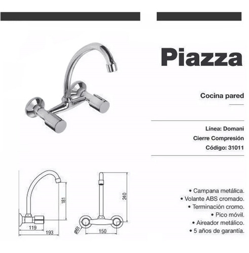 Imagen 3 de 10 de Griferia Cocina Pared Lavadero Movil Piazza Domani Garantia