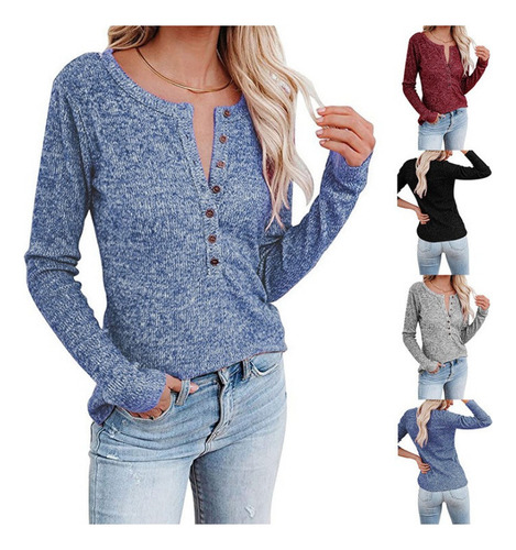 A Camiseta Casual De Manga Larga Con Cuello En V For Mujer