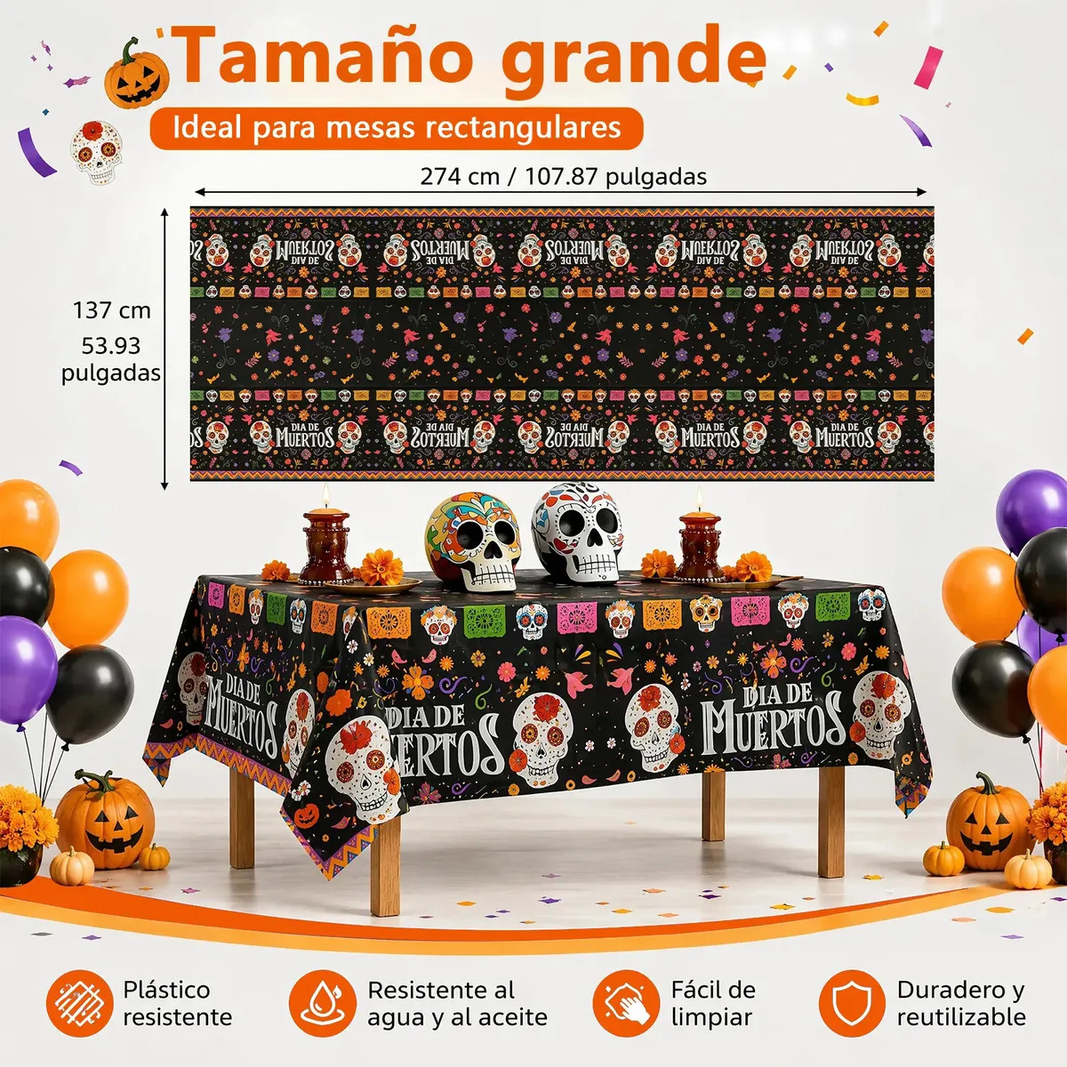 Mantel Rectangular Para Halloween Y Día De La Muerte 2.74x1.37m, Decoración De Mesa Para Fiesta, Cocina, Comedor Gris Rayas