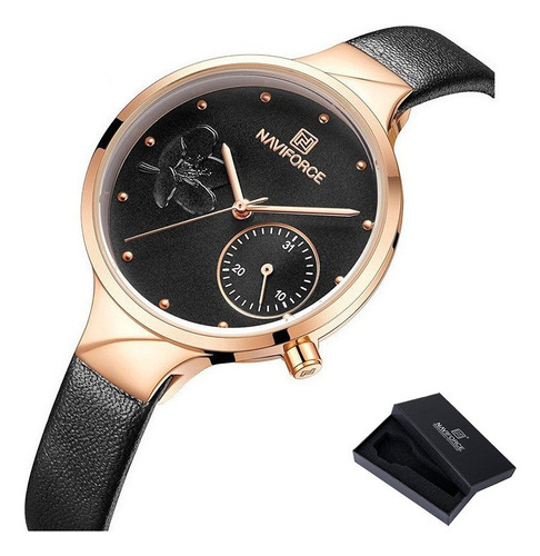 Relojes Naviforce de cuero y cuarzo sencillos para mujer, correa de color negro