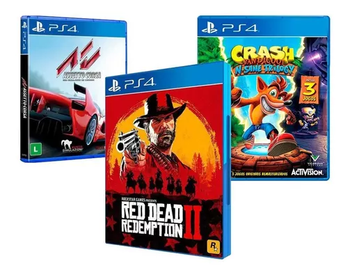 Kit Jogos Ps4 - Red Dead 2, Crash Bandicoot, Assetto Corsa