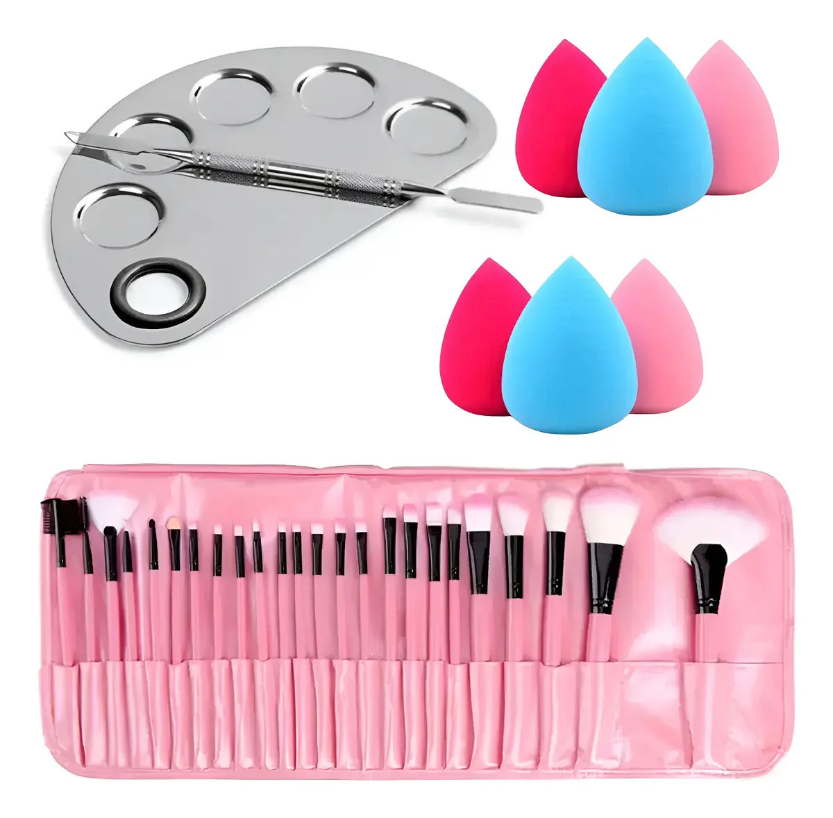Kit Pincéis Maquiagem Rosa 24 Peças + Mini Esponjas + Placa Inox