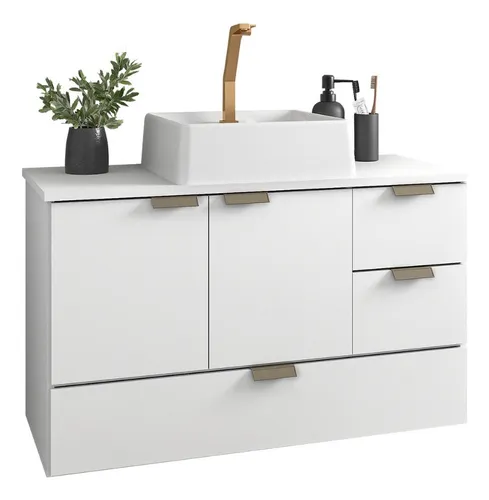 Gabinete de banheiro suspenso branco com cuba de apoio e puxadores metálicos em fundo branco