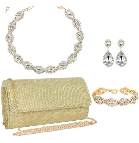Set Bolso De Fiesta Gargantilla, Pulsera Y Aretes Elegante