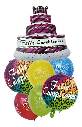 Kit 7 Globos Pastel Feliz Cumpleaños Animal Print Redondos