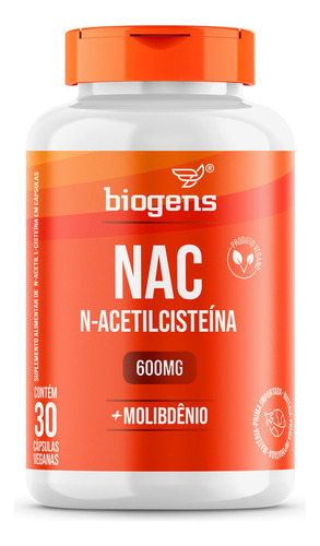 N-acetilcisteína Nac 600 mg, molibdeno, 30 cápsulas veganas, Biogen