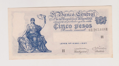 Billete Argentina 5 $ Bottero 1875 Año 1958 Ecxelente ++