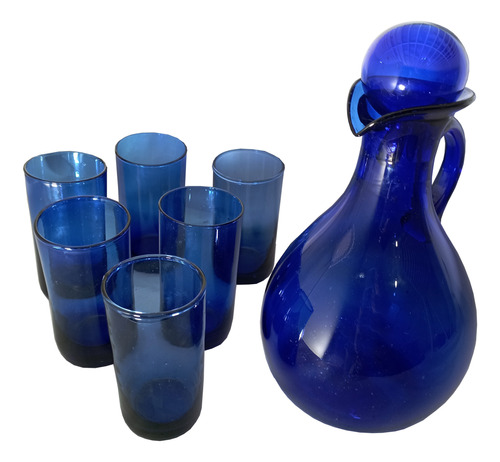 Vasos De Vidrio + Jarra De Vidrio Azul Con Tapa 2 Litros 