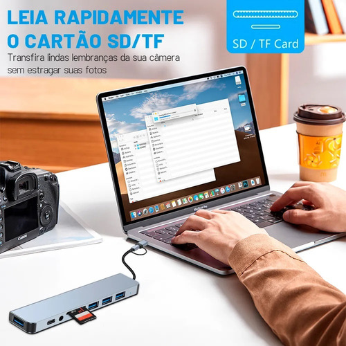 Adaptador Hub Usb E Tipo C Extensor 8 Em 1 Com Leitor Cartão