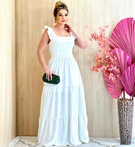 Vestido Longo Luxo Com Babada Na Mangas E Reda Na Cintura