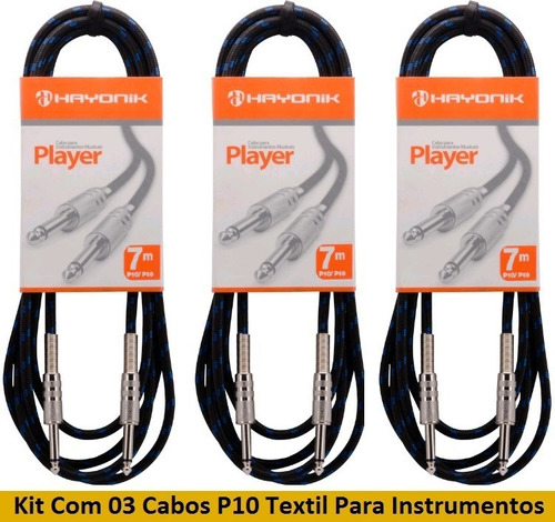 Kit 3 Cabo Textil  Para Violão Baixo Guitarra P10 7m Hayonik