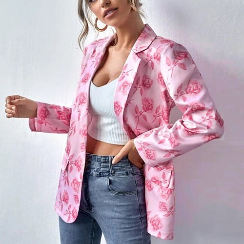 Casaco Feminino R, Casaco Casual Com Estampa De Flores, Botã