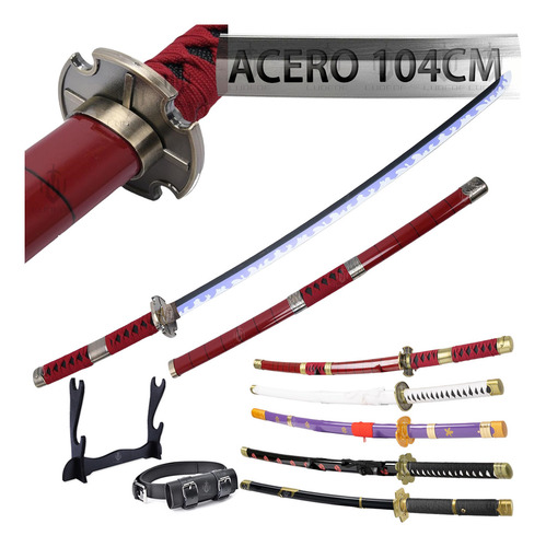 LUDEDE Roronoa Zoro Acero Katana - 104cm Kitetsu Anime One Piece Con Cinturón y Soporte - Espada Perfecta Para Cosplay, Colección