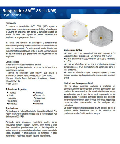 10pz 3m Respirador 8511 N95 Con Valvula Mascarilla Cubreboca