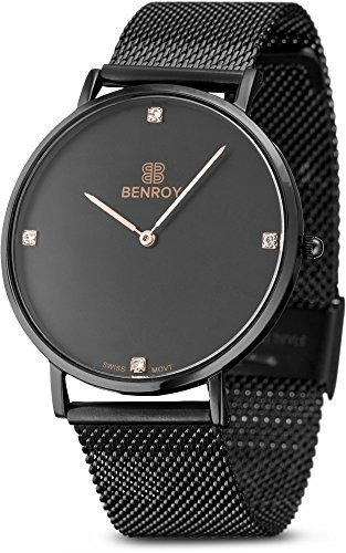 Reloj De Hombre Negro Benroy Con Diamante Dorado