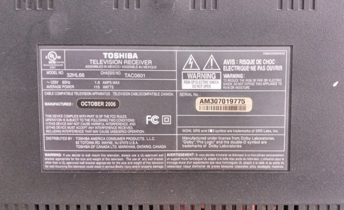 Imagen 3 de 3 de Televisor Toshiba Para Repuestos Mod. 32hl66 Tv