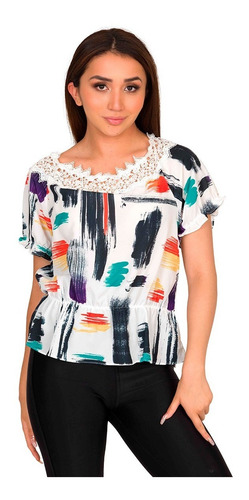 Blusa Dama Estampada Cuello Encaje Sd10