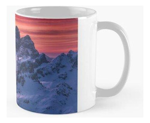 Taza Rosa Rojo Púrpura Puesta De Sol Cielo Snowy Mountains S