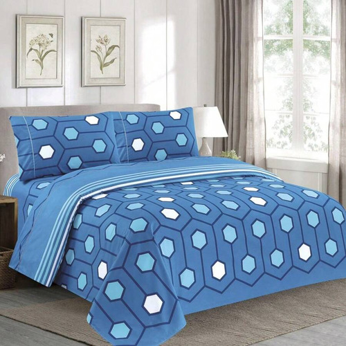 Juego De Sabanas Para Cama Queen Size Azul Hexagonos Líneas