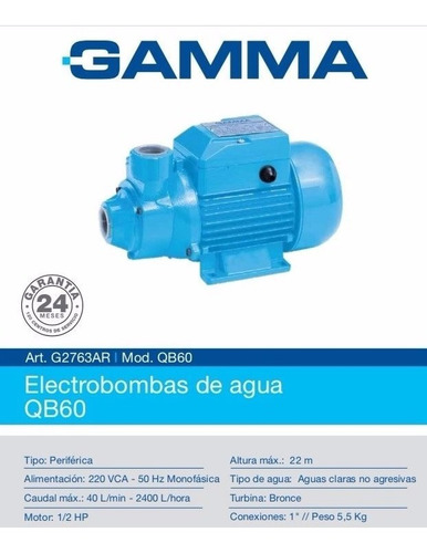 Imagen 3 de 8 de Bomba Periferica Agua Gamma Qb 60 1/2hp Turbina Bronca Elevadora 20 Mts 40lts/min