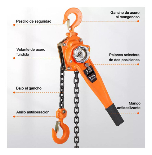 Polipasto De Palanca Para 2t 3 Metros Mango Con Gom Naranja