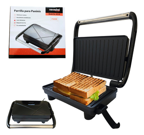 Sandwichera Electrica Parrilla Grill Panini Antiadherente 2p Color Negro