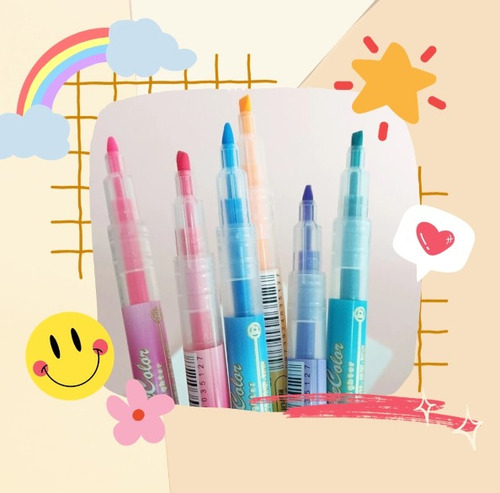 Set X6 Resaltadores Doble Punta 12 Colores En Total Kawaii