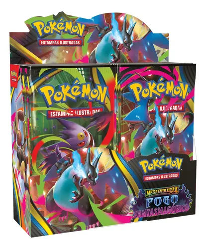 Box de exibição contendo 36 pacotes de booster da coleção Pokémon Fogo Fantasmagórico com estampa do Mega Charizard X.