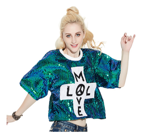 Blusa Crop Top Camiseta Corta Lentejuelas Manga Corta 