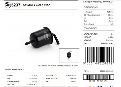 Filtro Gasolina Millard Mf-5237 Nissan Altima Sentra Pick Up