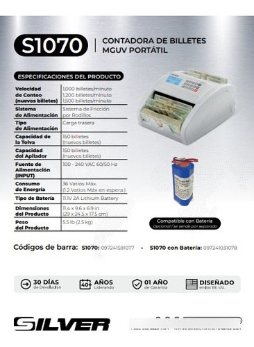 Contadora De Billetes Portátil - S1070 Silver