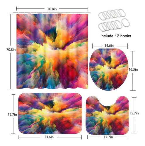 Cortina De Baño Con Tapetes Diseño Abstracto Multicolor 4 Pz