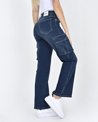 Jean Wide Leg Cargo Elastizado Costuras Blancas Diva