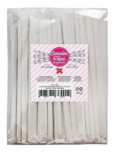Canudo De Papel 6mm X 200mm Com 100 Unidades Branco Make