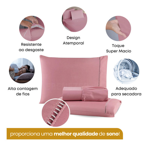 Lençol King Padrão C/ Elástico 3 Peças Fronha Ponto Palito 400 Fios Premium Toque Macio Cor Rose