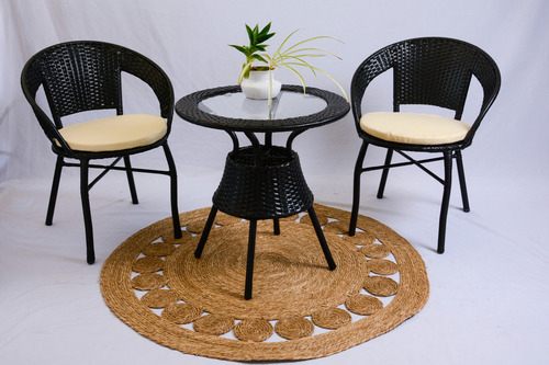 Juego Set De Balcón 3 Piezas En Rattan Sintético Chocolate Estructura Negro