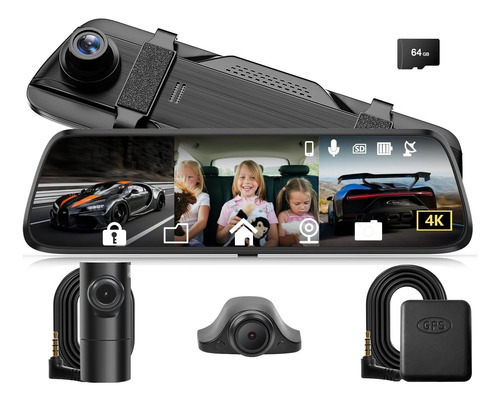 Mirror Dash Cam Koxame 12 4k Con Tarjeta De 64 Gb, Wifi, Gps