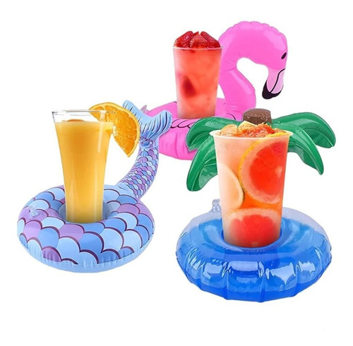 6 Porta Vasos Inflables Surtido Verano Palmera Flamingo Dona