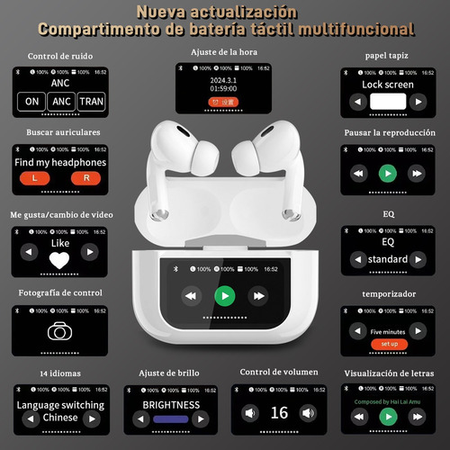 Smart Pantalla Audífonosanc Bluetooth 5.4 Anc Twsauriculares Blanco