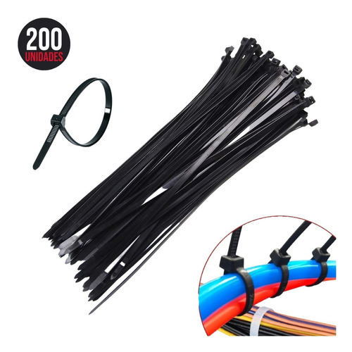 200 Unids Abraçadeira Nylon Enforca Gato Cinta Plástica 10cm Cor Preto