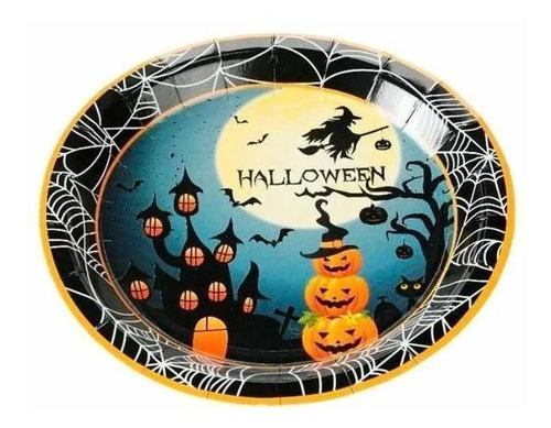 Prato Papel Tema 18cm Castelo Abóbora Halloween - C/10 Unid