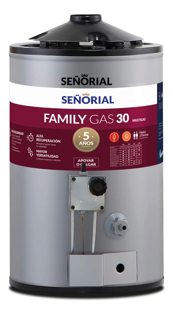 Termotanque multigas Señorial Family 29L montaje adaptable seguridad gris