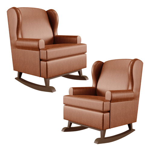 Kit 2 Poltronas De Amamentação Com Balanço Malu Base De Madeira P02 Couríssimo Camel