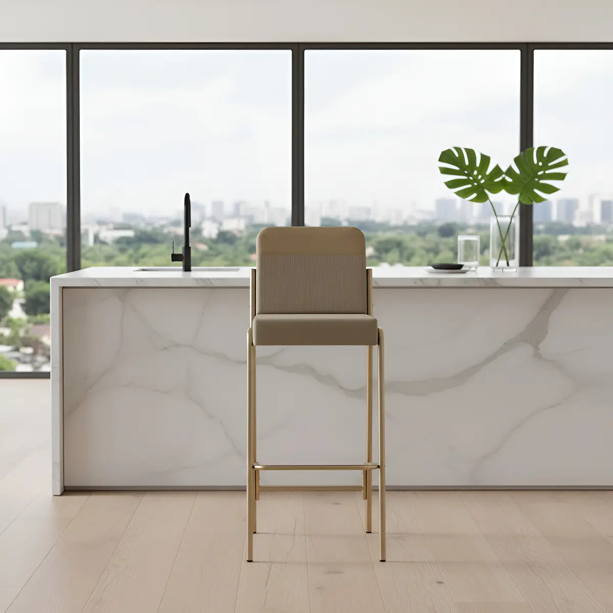 Kit 2 Banquetas Altas Estofadas Carraro Cozinha Encosto Bamboo Dourado